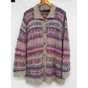 Sigrid Olsen Cardigan Women 2X Hand Knitted Striped Colorful Grandma Fair Isle